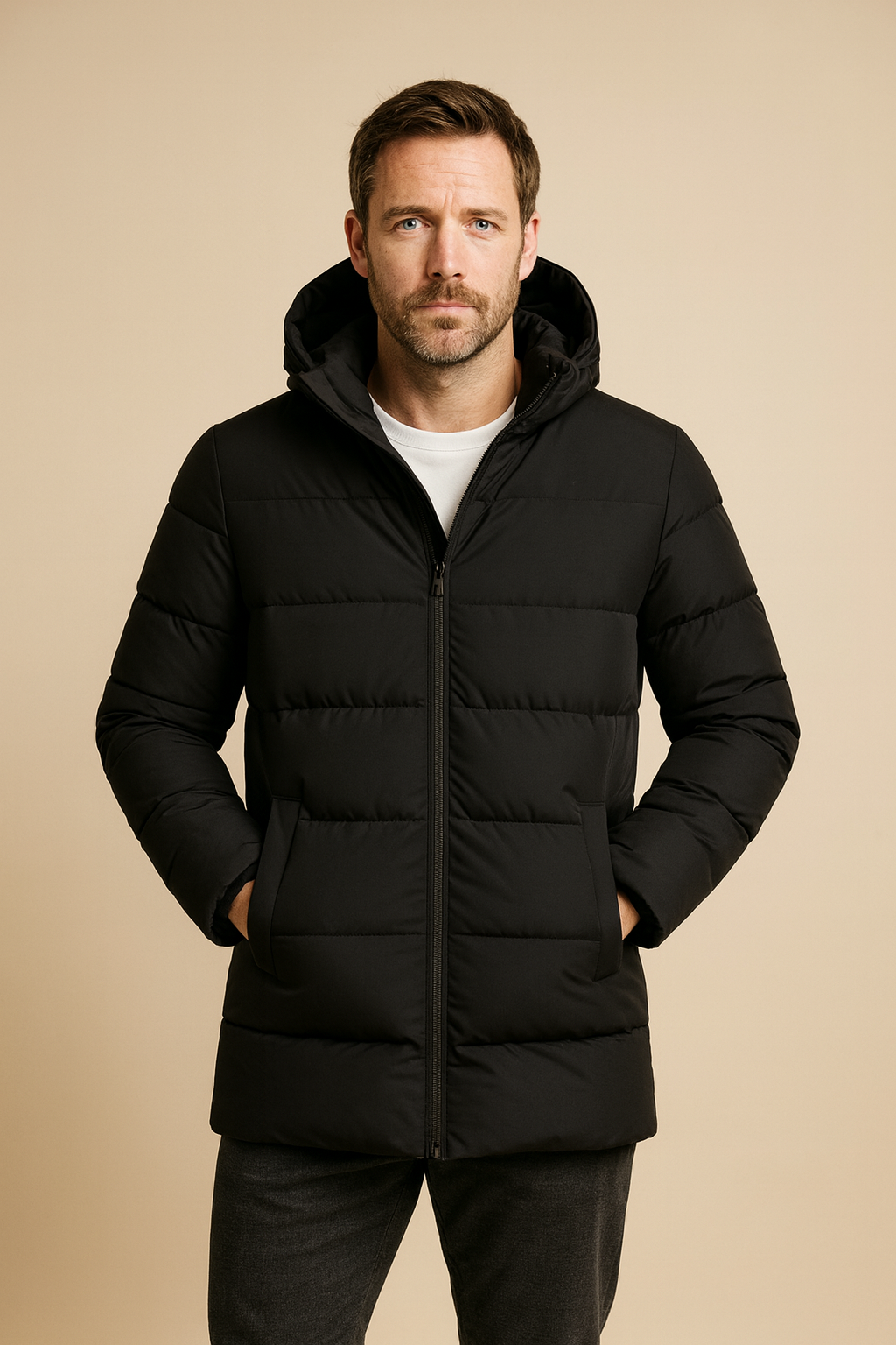 Men’s Quilted Winter Jacket – Hooded Long Coat – Warm Casual Style