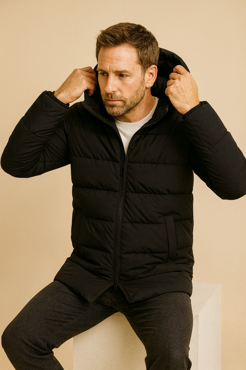 Men’s Quilted Winter Jacket – Hooded Long Coat – Warm Casual Style