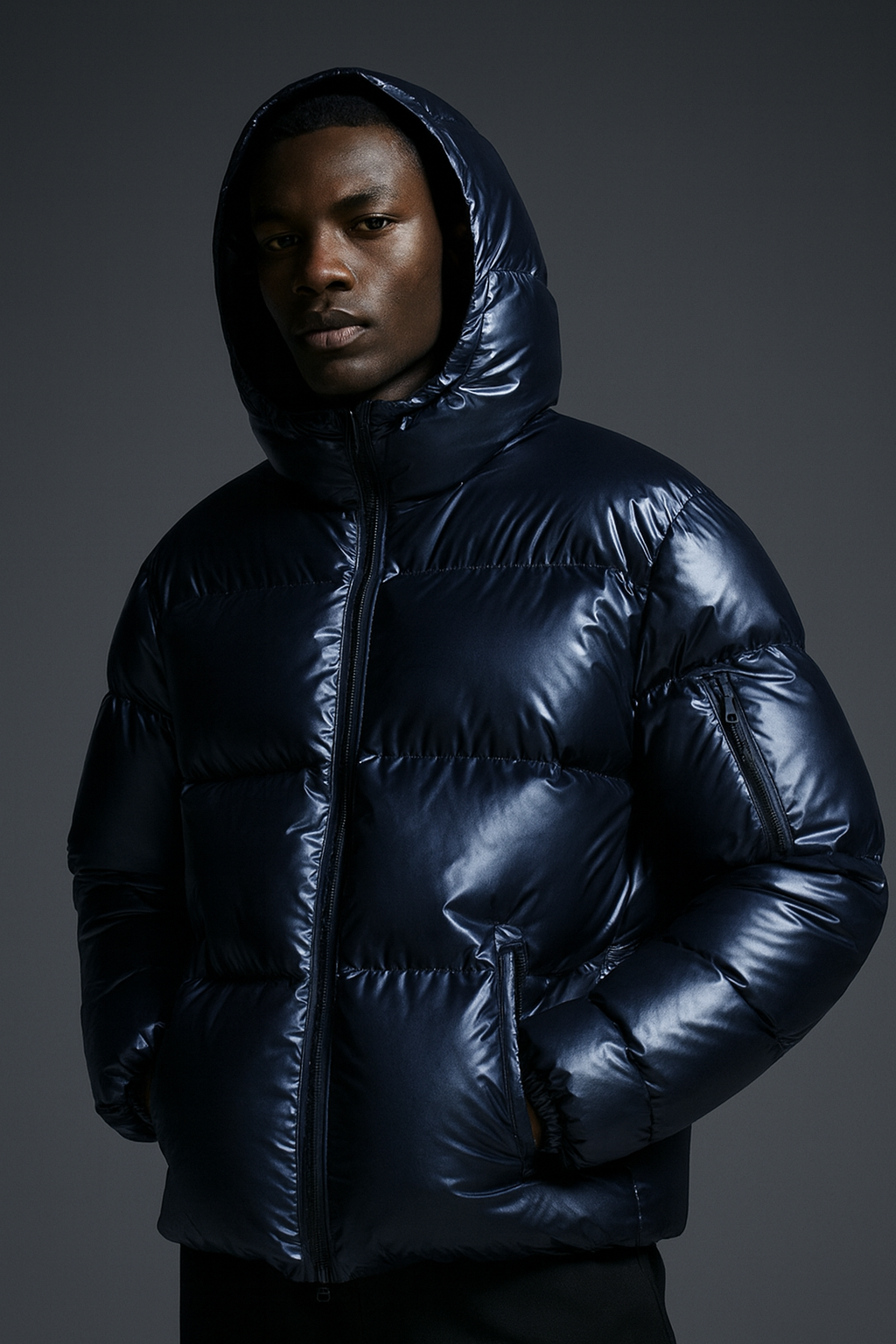 Luxe Gloss Puffer Jacket – Navy, Black, Silver & Gold