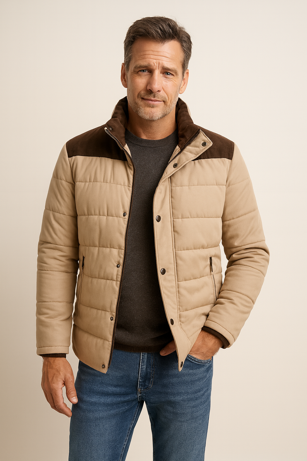 Men’s Quilted Winter Jacket with Suede Shoulder Detail