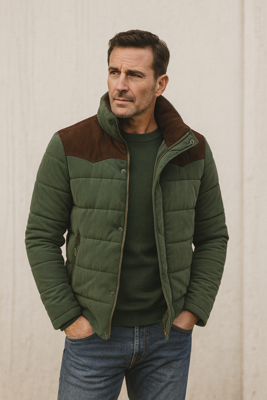 Men’s Quilted Winter Jacket with Suede Shoulder Detail