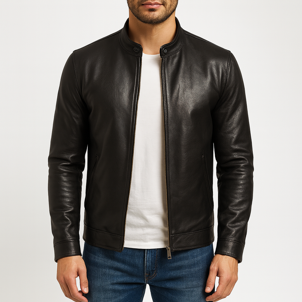 Men’s Leather Jacket – Slim Fit, Stand Collar, Full Zip