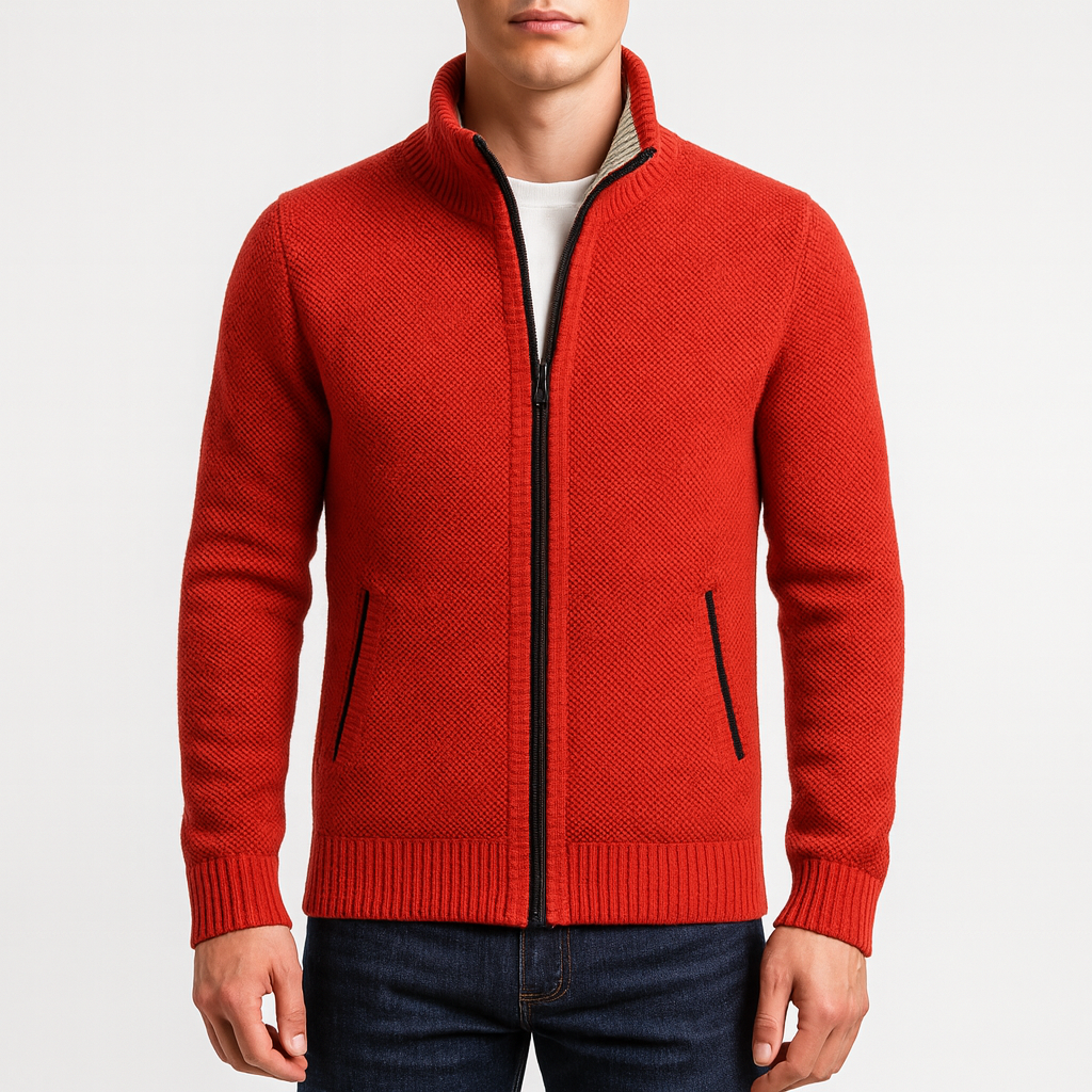 Men’s Zip Cardigan – Knit Fabric, High Collar, Ribbed Cuffs