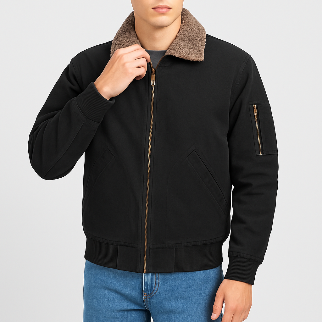 Men’s Wool Lined Jacket – Shearling Interior, Zip-Up, Rugged Style
