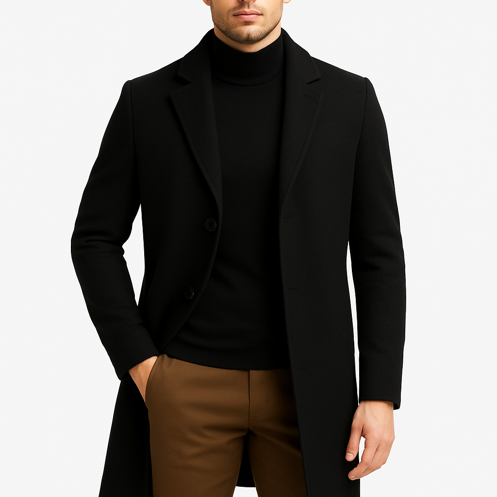 Men’s Tailored Wool Coat – Longline, Formal, Premium Blend