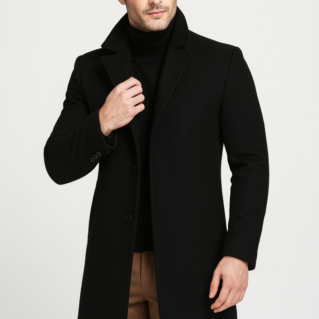 Men’s Tailored Wool Coat – Longline, Formal, Premium Blend