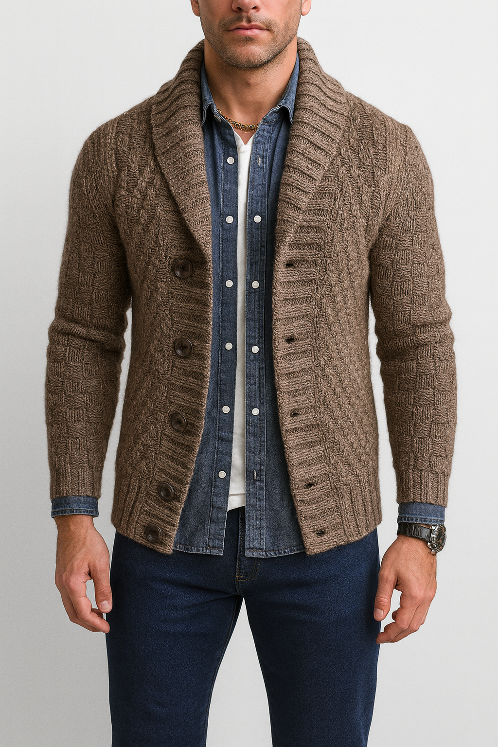 Men’s Knit Cardigan – Wool Blend, Lapel Collar, Relaxed Fit