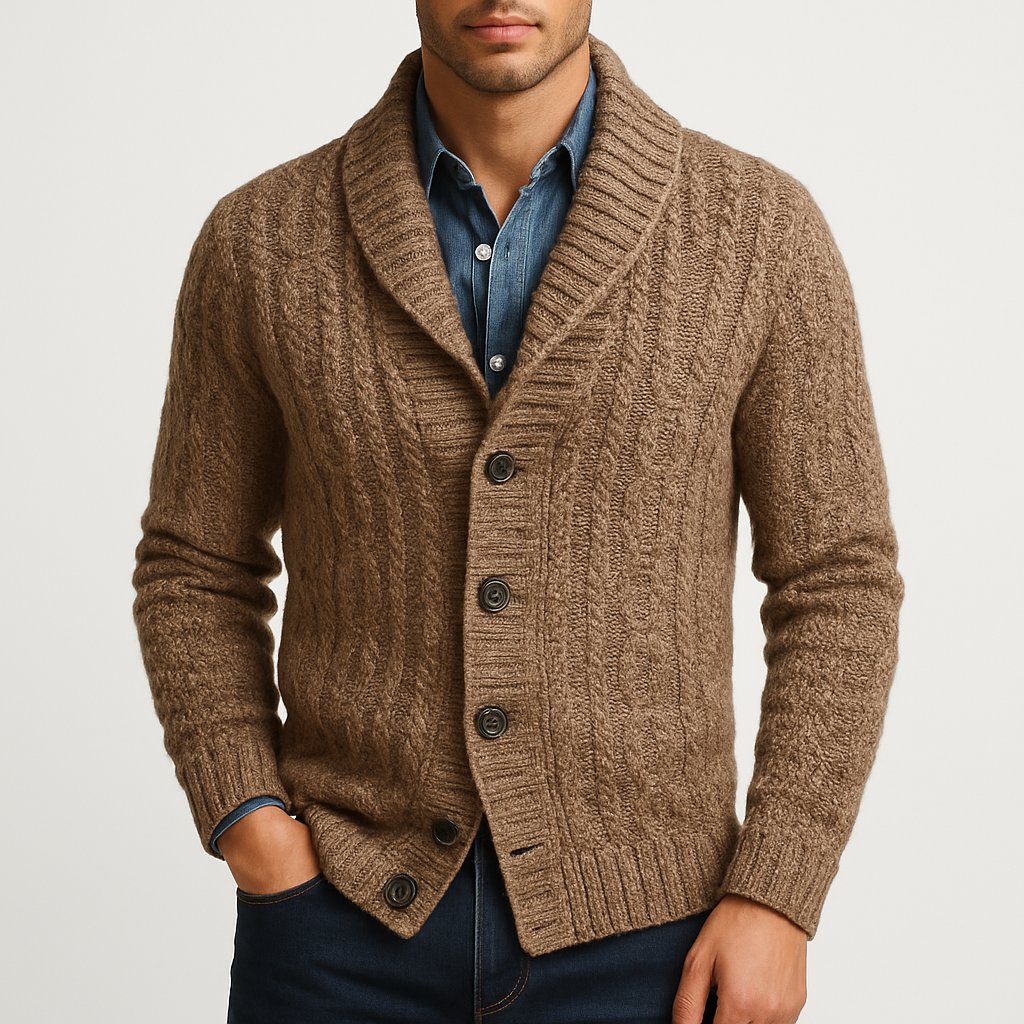 Men’s Knit Cardigan – Wool Blend, Lapel Collar, Relaxed Fit