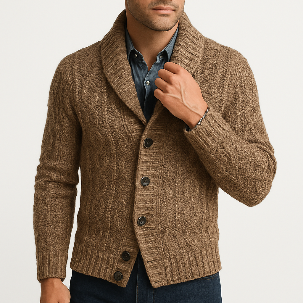 Men’s Knit Cardigan – Wool Blend, Lapel Collar, Relaxed Fit