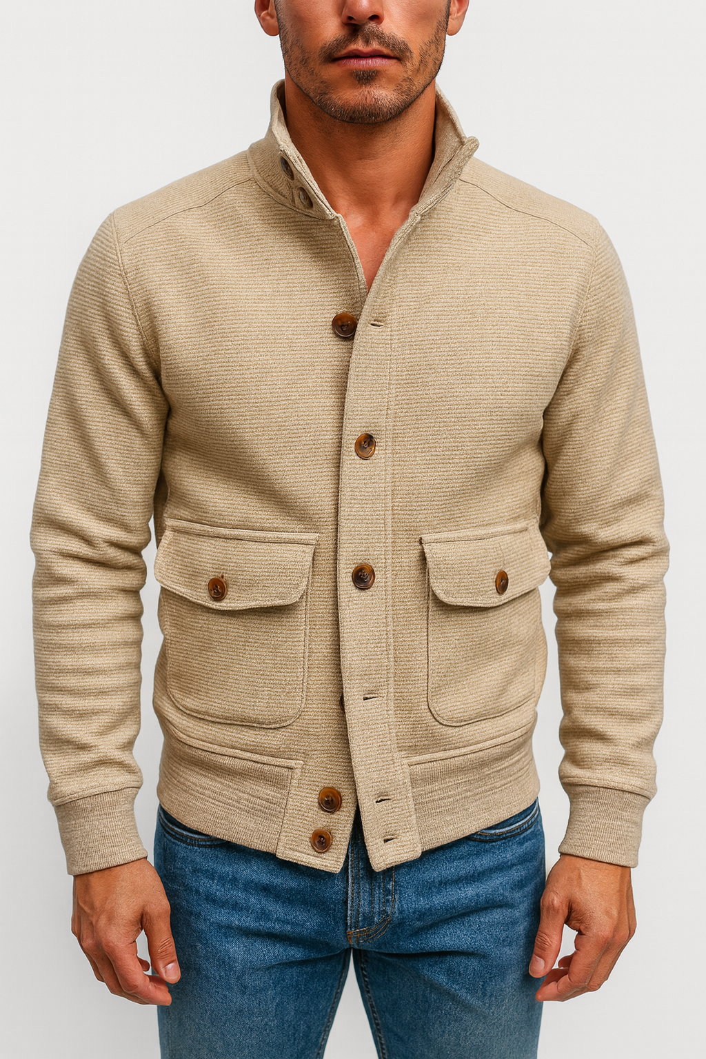 Men’s Stand Collar Jacket – Polyester Blend, Lightweight, Minimalist Design