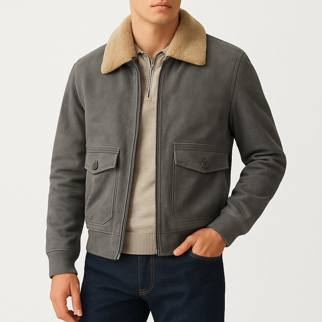 Men’s Fleece Bomber Jacket – Sherpa Collar, Lined, Zip-Up
