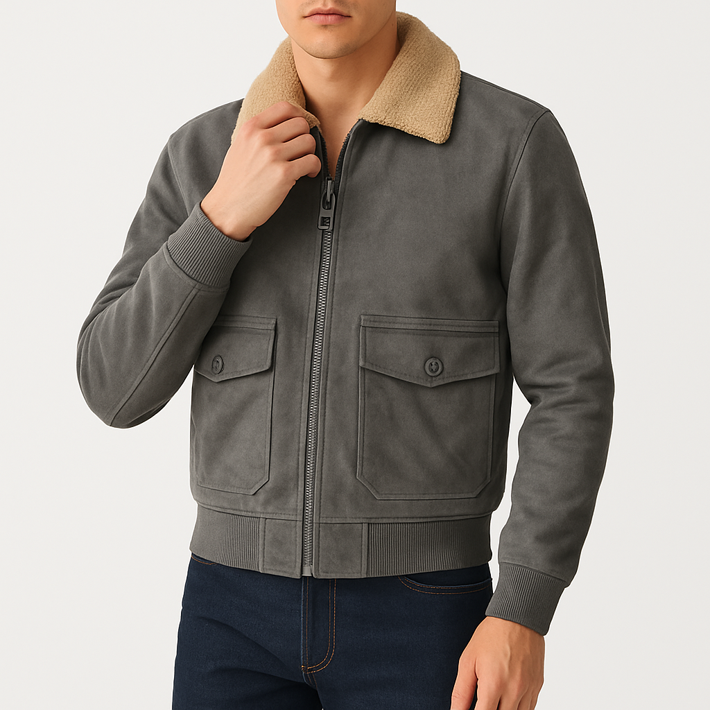 Men’s Fleece Bomber Jacket – Sherpa Collar, Lined, Zip-Up