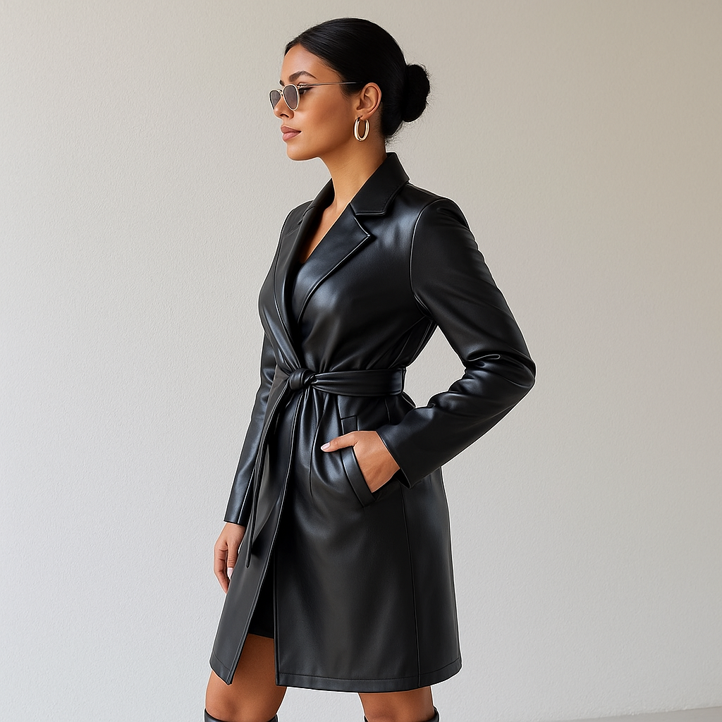 PU Long Sleeve Women's Slim Fit Long Trench Coat