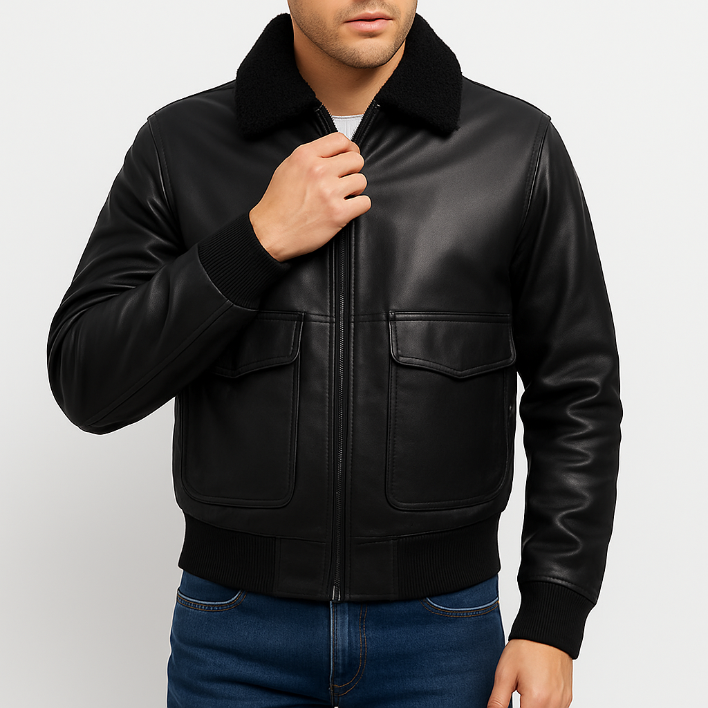 Men’s Faux Leather Bomber Jacket – Ribbed Trim, Zip-Up & Casual Fit