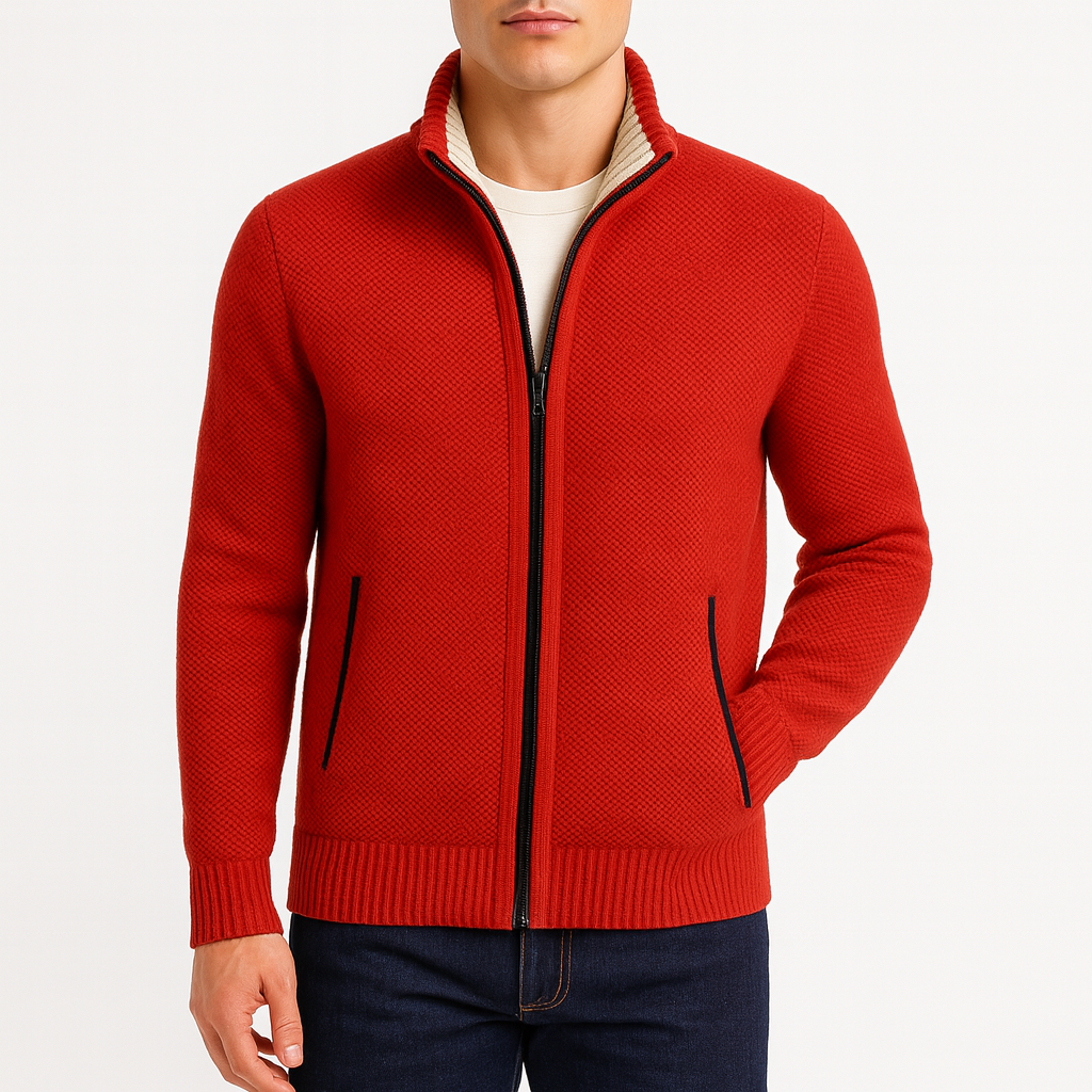 Men’s Zip Cardigan – Knit Fabric, High Collar, Ribbed Cuffs