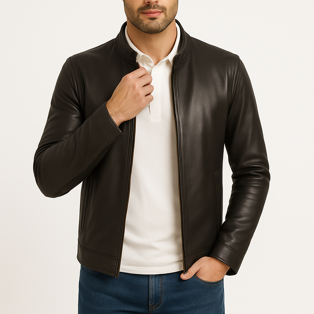 Men’s Leather Jacket – Slim Fit, Stand Collar, Full Zip
