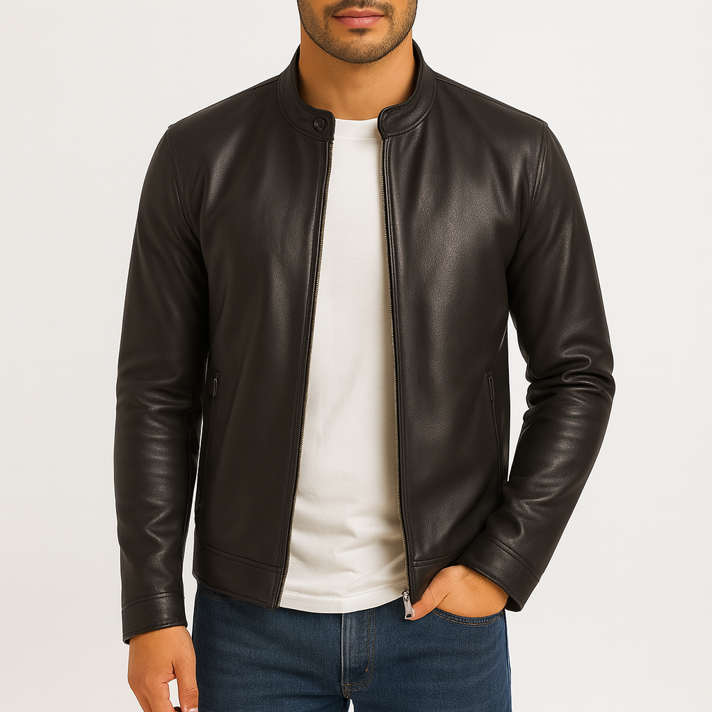 Men’s Leather Jacket – Slim Fit, Stand Collar, Full Zip