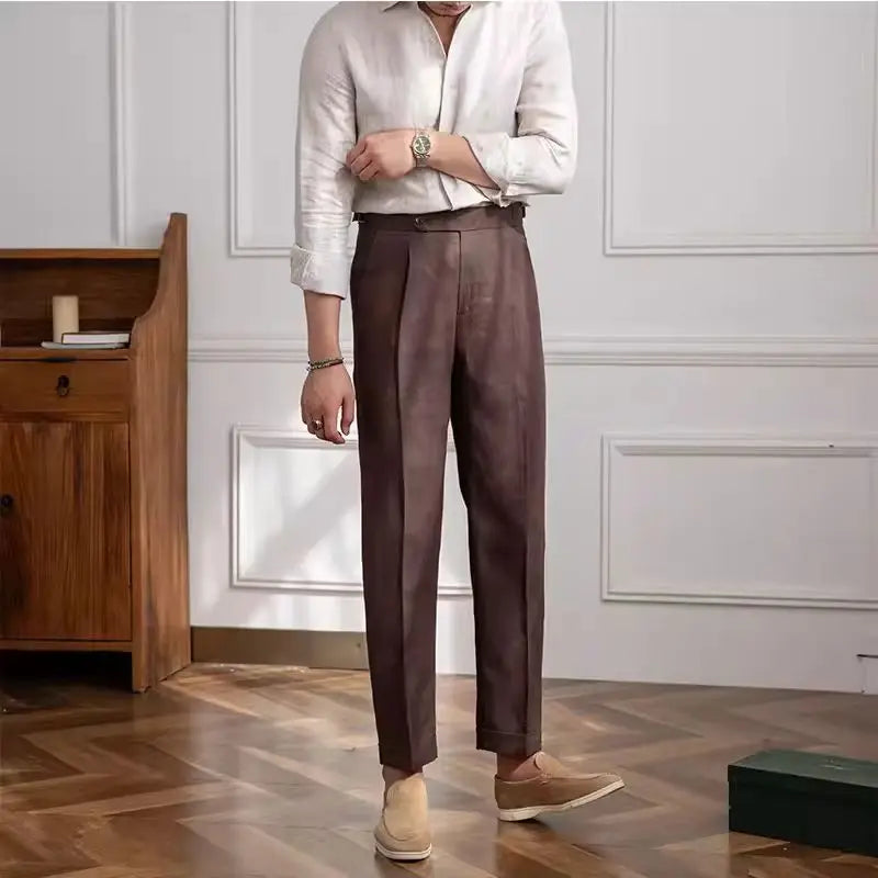 Men’s Linen Trousers – Flat Front Formal Pants with Straight Leg Fit