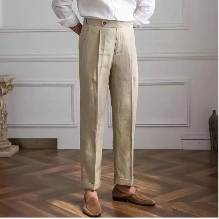 Men’s Linen Trousers – Flat Front Formal Pants with Straight Leg Fit