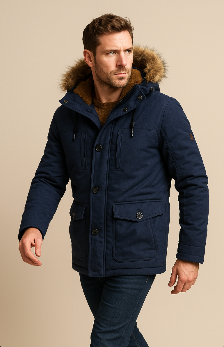 Men’s Parka Jacket – Plush Lined with Detachable Hood & Faux Fur Trim
