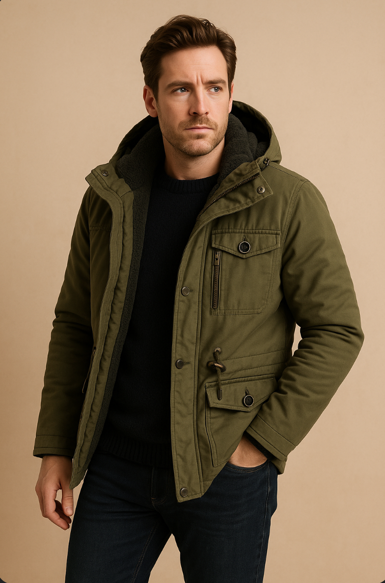 Men’s Sherpa-Lined Parka Jacket – Utility Pockets, Ribbed Hood & Everyday Warmth