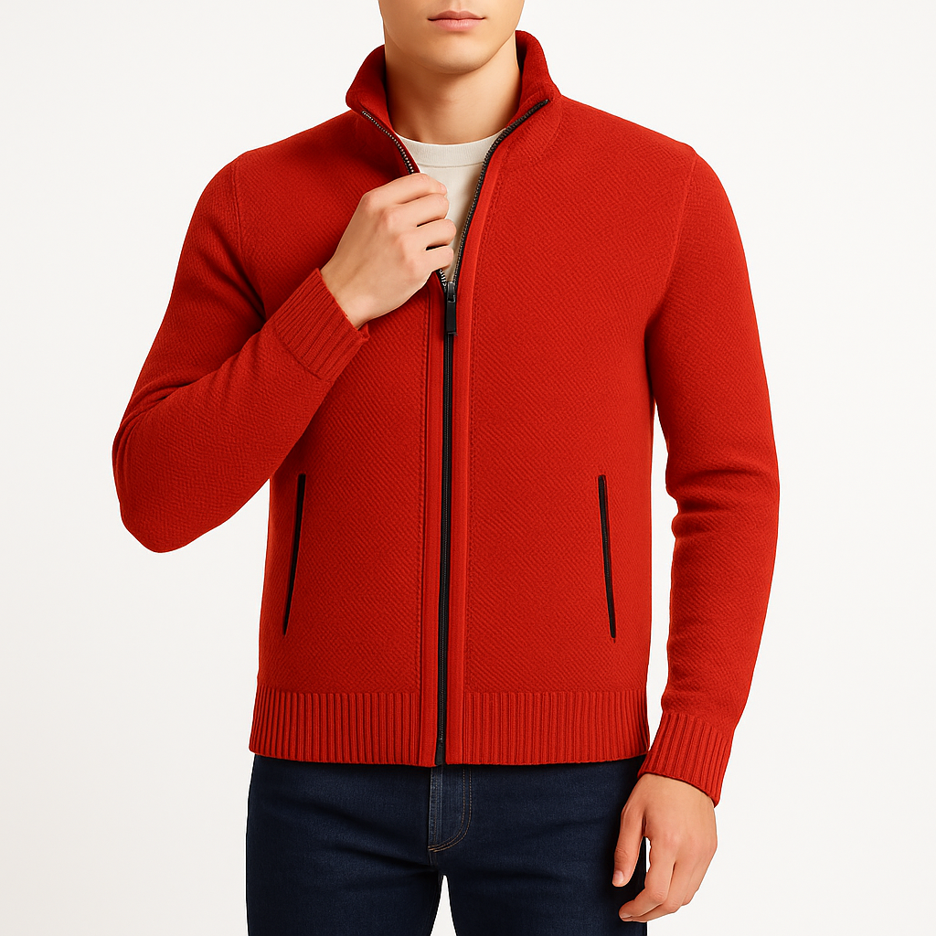 Men’s Zip Cardigan – Knit Fabric, High Collar, Ribbed Cuffs