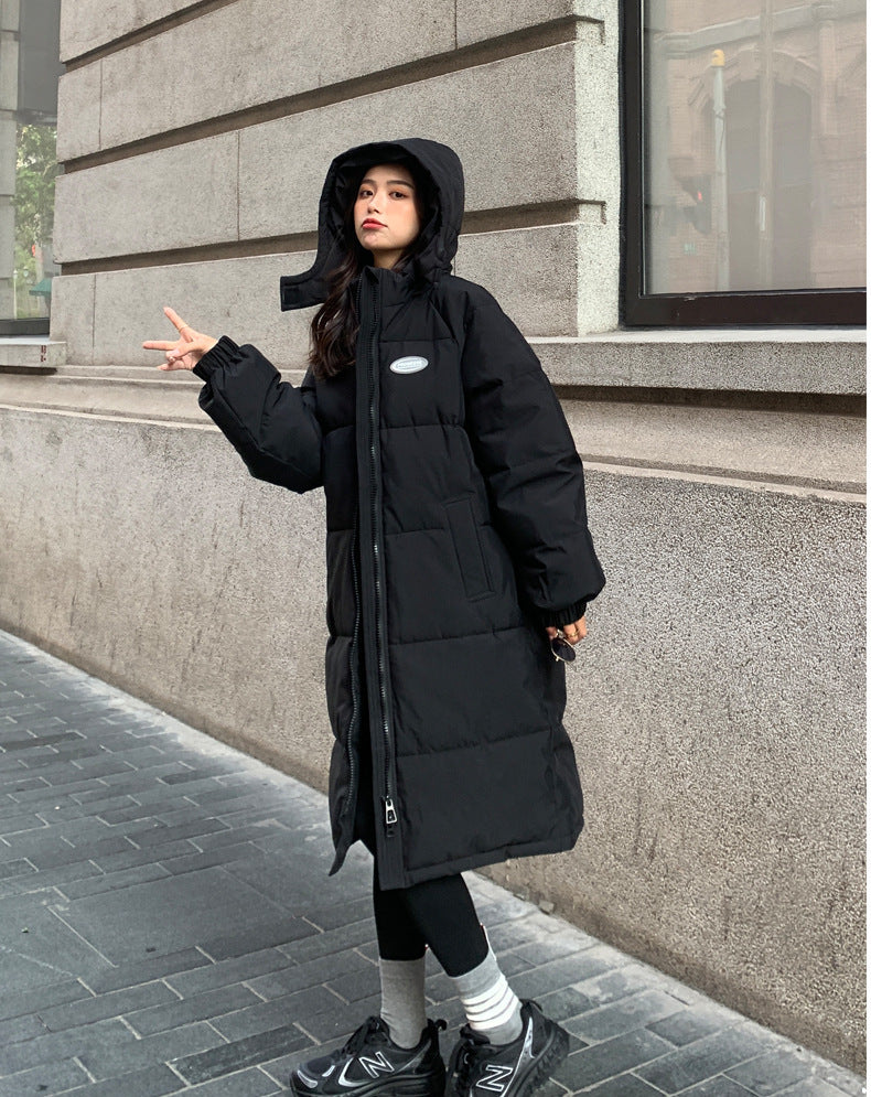 Black Down Cotton Jacket School Student Trend Harajuku Mid-length Knee-length Cotton Jacket Women's Winter Thickening