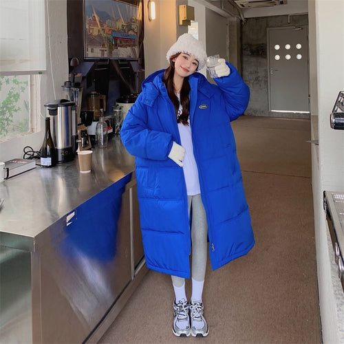 Black Down Cotton Jacket School Student Trend Harajuku Mid-length Knee-length Cotton Jacket Women's Winter Thickening