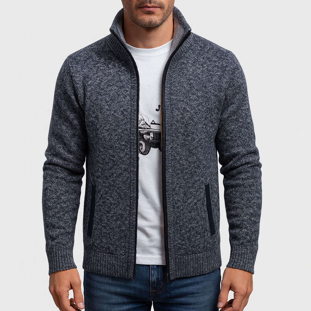 Men’s Zip Cardigan – Knit Fabric, High Collar, Ribbed Cuffs